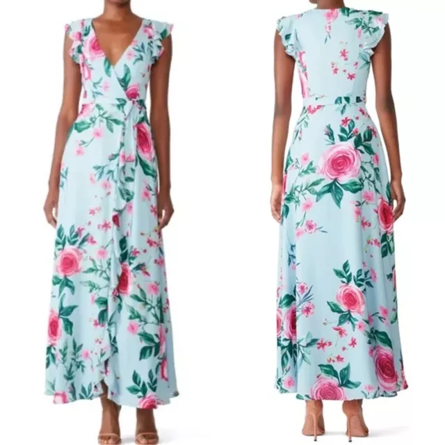 Fame and Partners Nora Blue Floral Wrap Maxi Dress Sz 2  Ruffle Feminine Romance