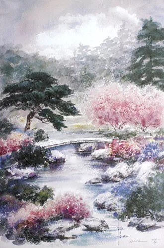 Lou Roman Serenity - Scenic pond and bridge Signed and Numbered on Paper
