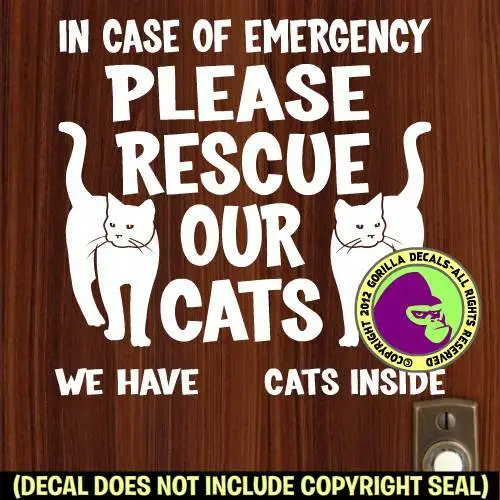 RESCUE OUR CATS EMERGENCY Vinyl Decal Sticker Cat Caution Front Door Window Sign