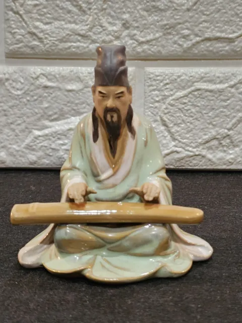 4" Vintage Shiwan Art Pottery Chinese Figurine Mudman Playing Lap Instrument