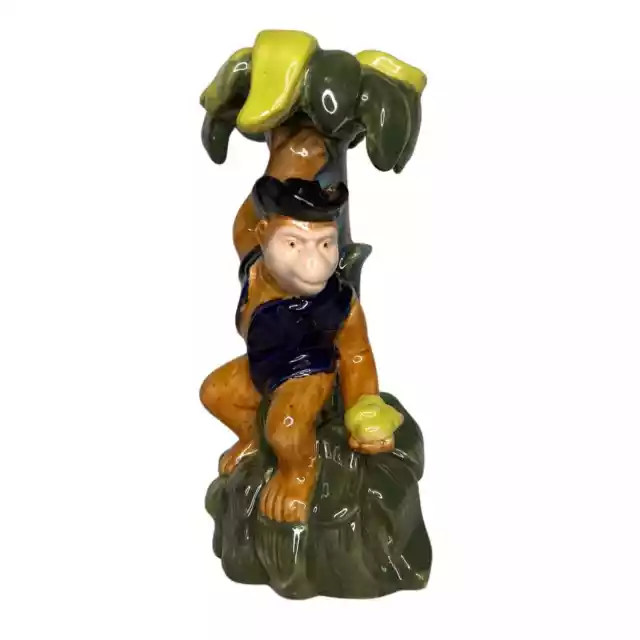 Majolica Style Ceramic Monkey Tropical Pirate Figure Palm Tree 11 Inches