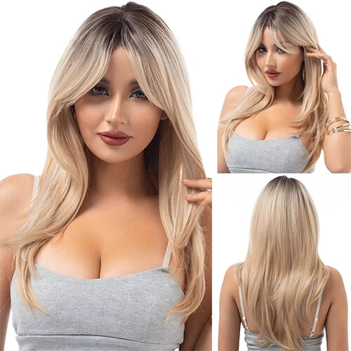 Black Root Blonde Straight Long With Bang Synthetic Heat Resistant Wigs No Lace