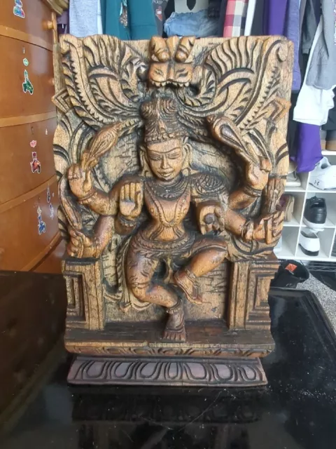 Unique Antique Asian hand carved Wood Temple Carving Hindu 12” t X 7 3/8”w X 2"