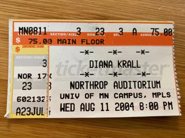 Ticket Stub Concert Tour Minneapolis Minnesota Diana Krall 8/11/04 Northrop