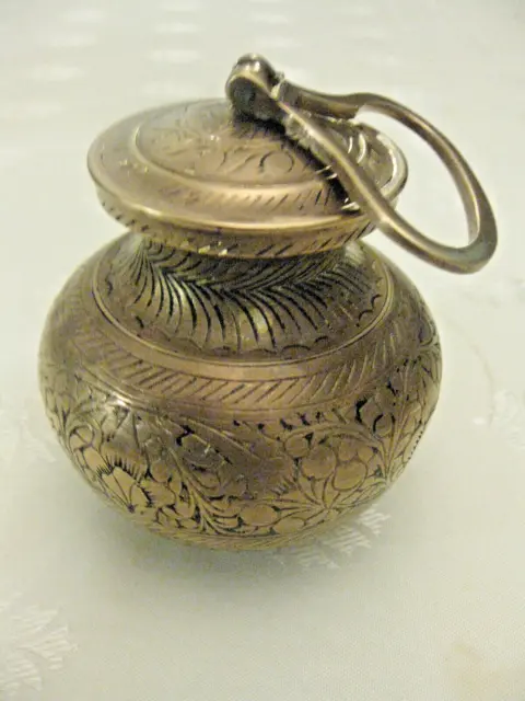 Vintage Indian Brass Trinket Pots colourful Lidded Pots with handle