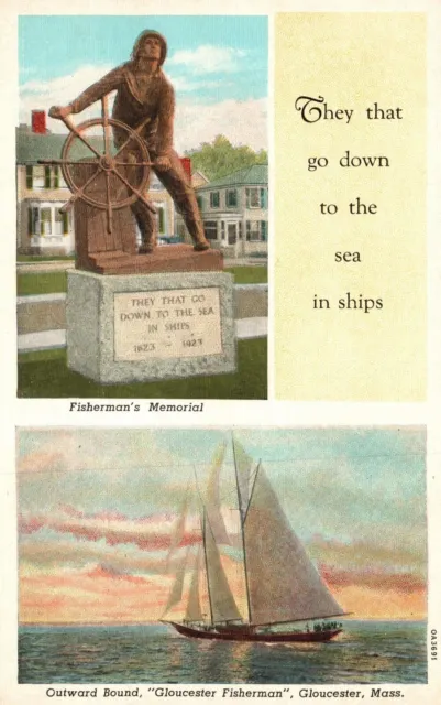 Vintage Postcard Fisherman's Memorial Outward Bound Gloucester Massachusetts MA