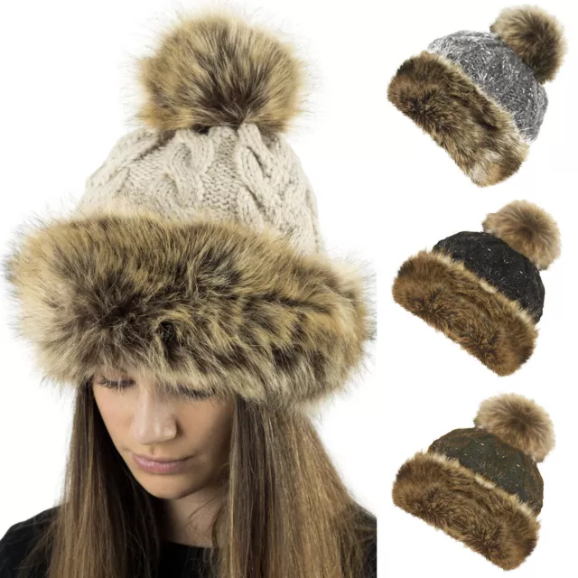 Ladies Luxury Winter Fleece Lined Bobble Beanie Hat With Faux Fur Trim Pom Pom