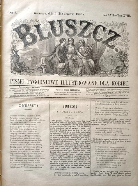 1881 Original Polish newspaper Bluszcz Pismo tygodniowe ilustrowane dla kobiet