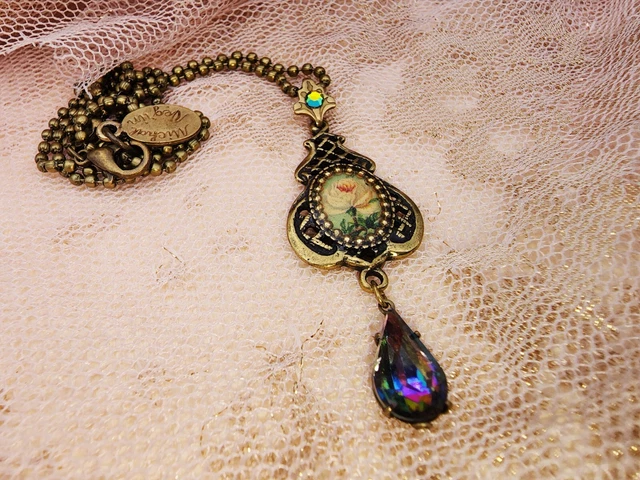 Michal Negrin Pendant Necklace Handmade Victorian Cameo Retro Roses Teardrop