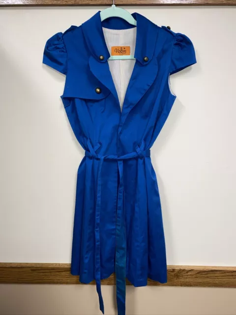 Vintage Voom by Joy Han Womens Medium Blue Wrap Dress Pleated Short Sleeve