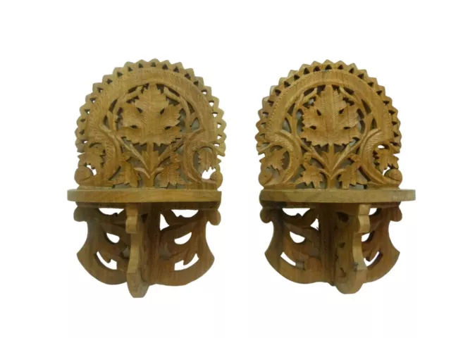 PAIR of 2 Ornate Carved Sheesham Wood Sconces Wall Folding Shelves INDIA 12"x8"