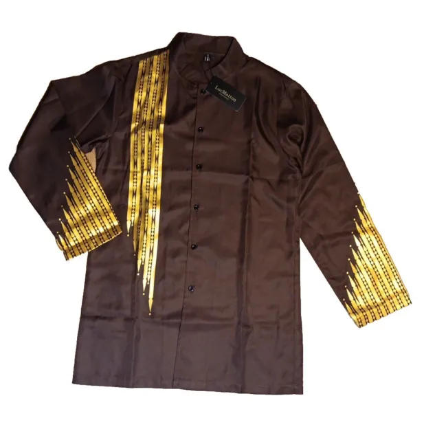 Luc Matton Mens M African DASHIKI Tunic Shirt Tribal Brown Gold Long Sleeve NWT