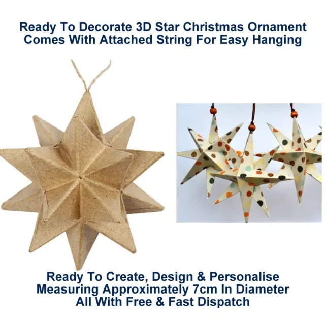 3D Star Hanging Christmas Xmas Tree Ornament Decoration Strung Paper Mache 7cm
