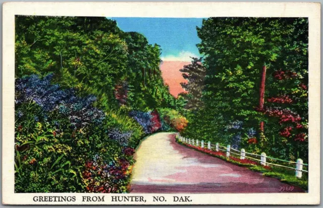 Vintage 1930s HUNTER, North Dakota Greetings Postcard Road Scene / Series 839