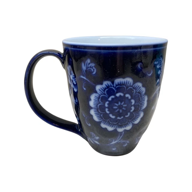Pier One Mandarin Cobalt Blue With White Floral Coffee Cup 14 Oz