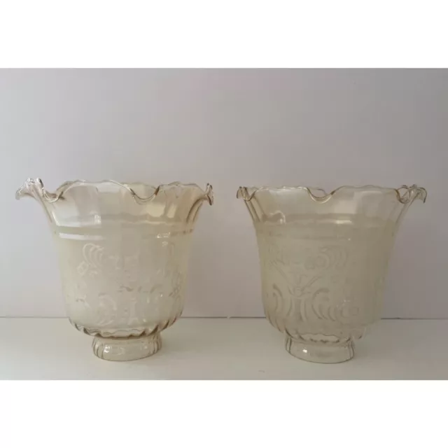 Vintage Frosted Ruffled Bell Shaped Flower Scrolls Pair Of Sconce Lamp Shades