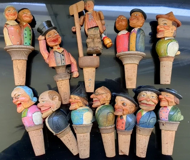 12Lot Amazing Vintage Carved Wood Cork Stoppers Wine Bottle People Figures EST!