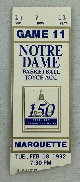 1992 02/18 Marquette at Notre Dame Basketball Ticket Stub - Seat 10
