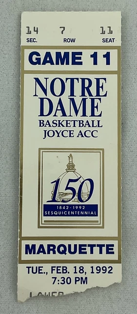 1992 02/18 Marquette at Notre Dame Basketball Ticket Stub - Seat 10