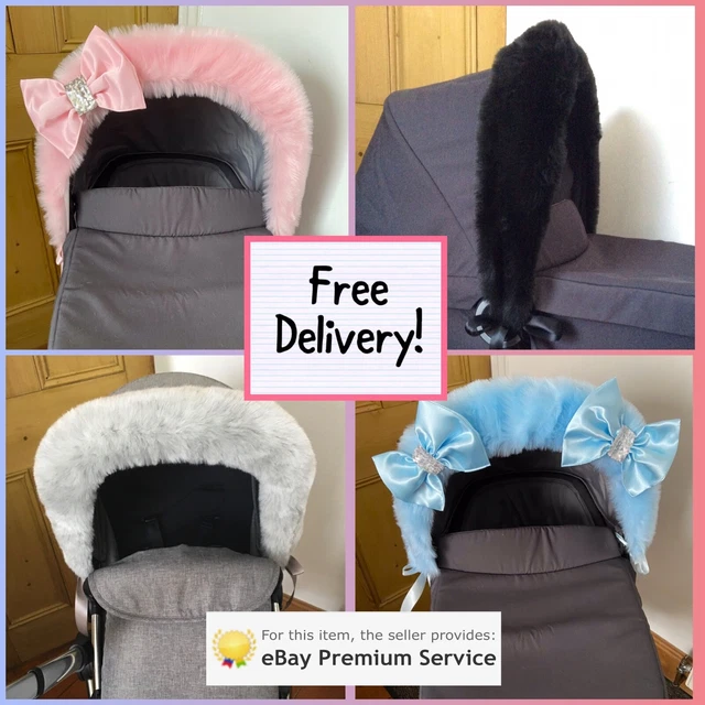 Fluffy -FAUX FUR- Pram Hood Trims -Blue -Pink- Grey -With Ribbons- BN -Universal