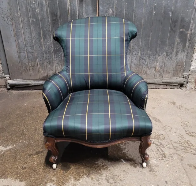 Antique Victorian 19th Century Tartan Fabric Upholstered Armchair