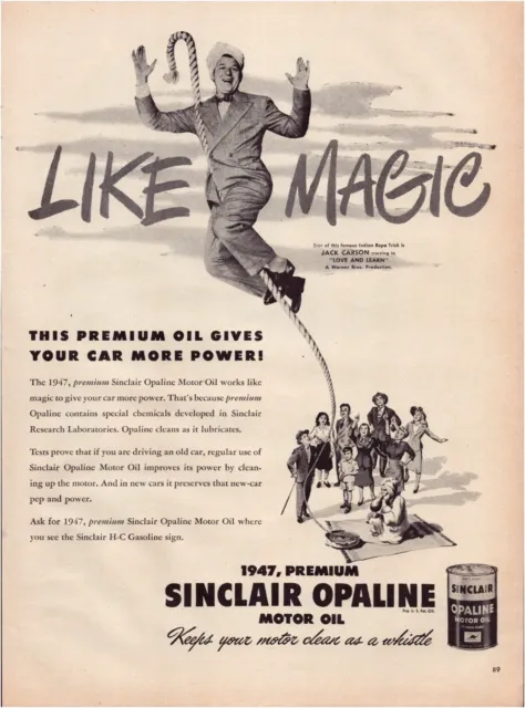 Print Ad Sinclair Opaline Motor Oil 1947 Jack Carson Rope Full Page 10.5"x13.5"