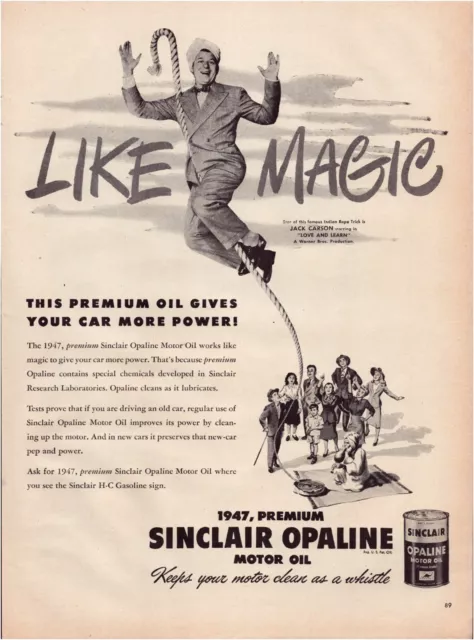 Print Ad Sinclair Opaline Motor Oil 1947 Jack Carson Rope Full Page 10.5"x13.5"