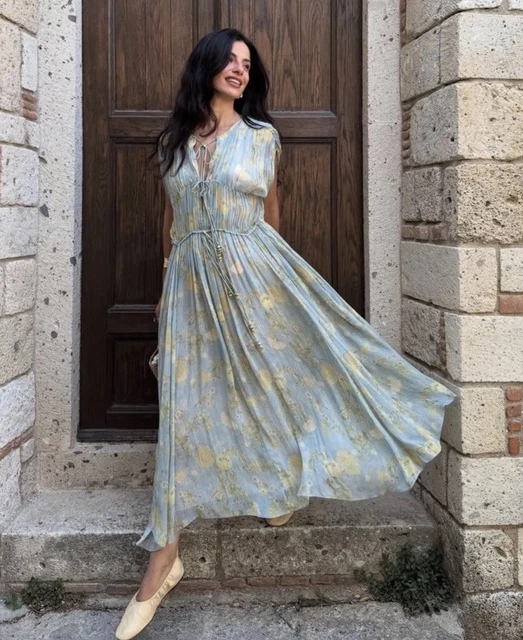 zara blue and green floral dress Hope & Ivy Landscape Print Midi Dress Green Blue Zara – MMJs Fashion