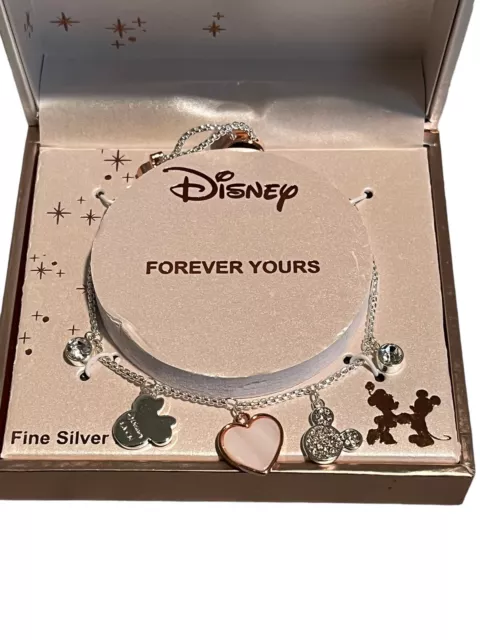 Disney Minnie Mickey Mouse Forever Yours Charms Fine Silver Bracelet Rose Gold