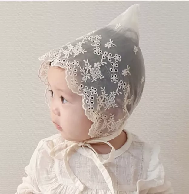 Baby Shower Girls Creamy Embroidery White Lace hat beanie cap Bonnet 0-20mth