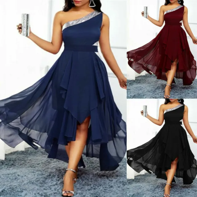 Womens Chiffon One Off Shoulder Irregular Summer Evening Party Backless Dress