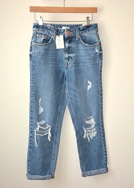 Ex River Island High Waist Mom Fit Womens Ladies Ripped Jeans Size