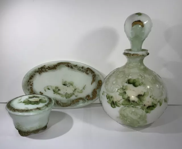 Antique Victorian Milk Glass Dresser Bottle Trinket Box & Tray Vanity Set