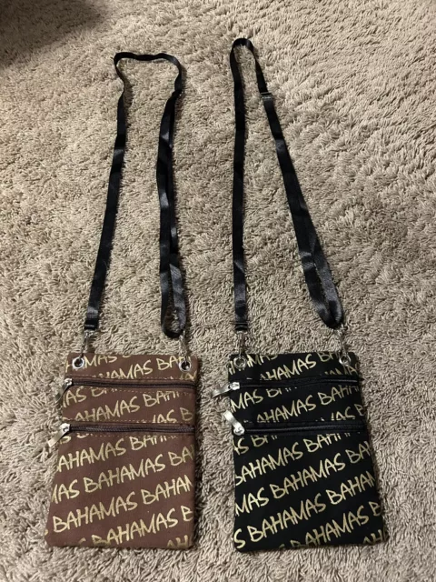 LOT 2 BAHAMAS Cross Body Canvas Bag Purse Zippered Pockets BLACK BROWN GOLD B23