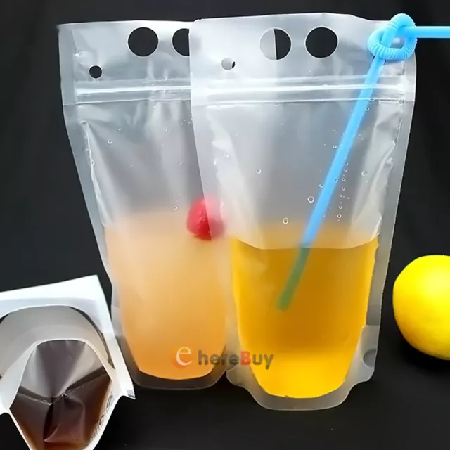 100PCS Reusable Drink Pouches Bags w/Straws Stand-Up Zipper Lock Cold&Hot Drinks 3