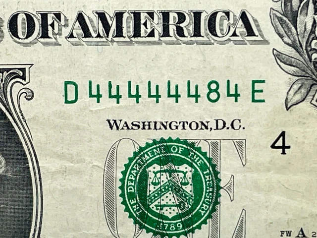 One Dollar Bill Fancy Serial Number Series 2009 Seven 7 of a Kind 4s Near Solid