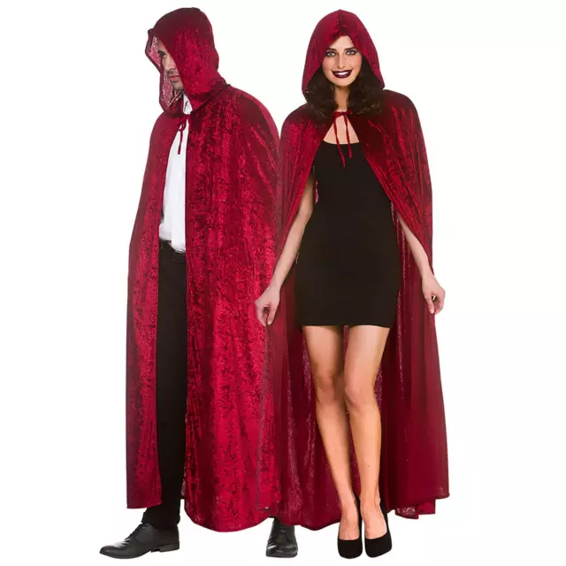 Adults Deep Red Cape Velvet Hooded Cloak Riding Hood Gothic Vampire Fancy Dress