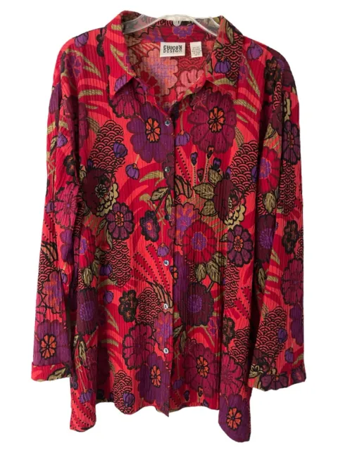 Chico’s Design Top Womens XL Red Purple Floral Silk Blouse Button Up Long Sleeve