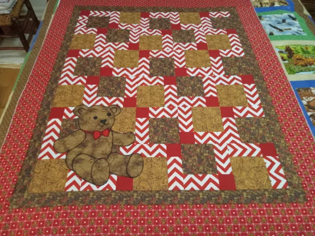 Teddy Bear Applique Lap Toddler Baby Wall Quilt Top 43.5" X 51"