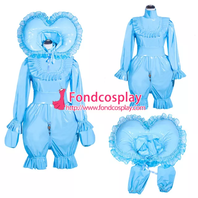 French Sissy Maid Lockable Baby blue PVC Romper Dress Uniform Cosplay Costume