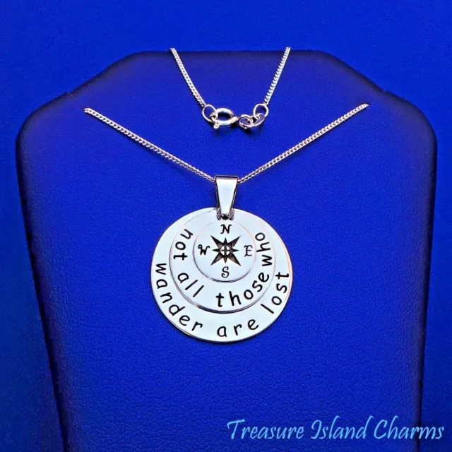 Compass Pendant Not All Who Wander Are Lost 925 Sterling Silver Necklace 16" 18"