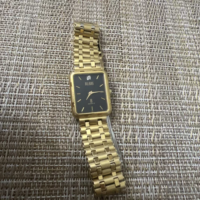 Bill Blass Gold Tone Quartz Analog Women's Rectangle Black Face Wrist Watch