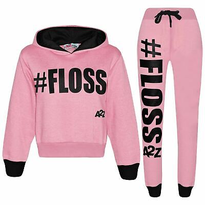 Kids Girls Tracksuit Designer #Floss Hooded Crop Top Bottom Jogging Suit 5-13Yr