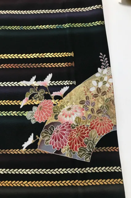 @@Japanese vintage kimono/ tomesode black silk fabric/ folding fans, gold P21 4