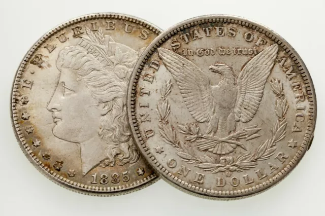 1885 & 1885-O Plateado Morgan Dólar Lote De 2 Monedas En Elección Bu Estado