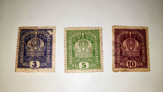 LottoSerie 3 francobolli Austria 1916.Corona. 3,5,10 heller. Emissione 28-9-1916