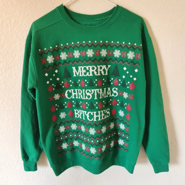 Spencers Merry Christmas B's Adult Ugly Christmas Sweater Green Sz Medium