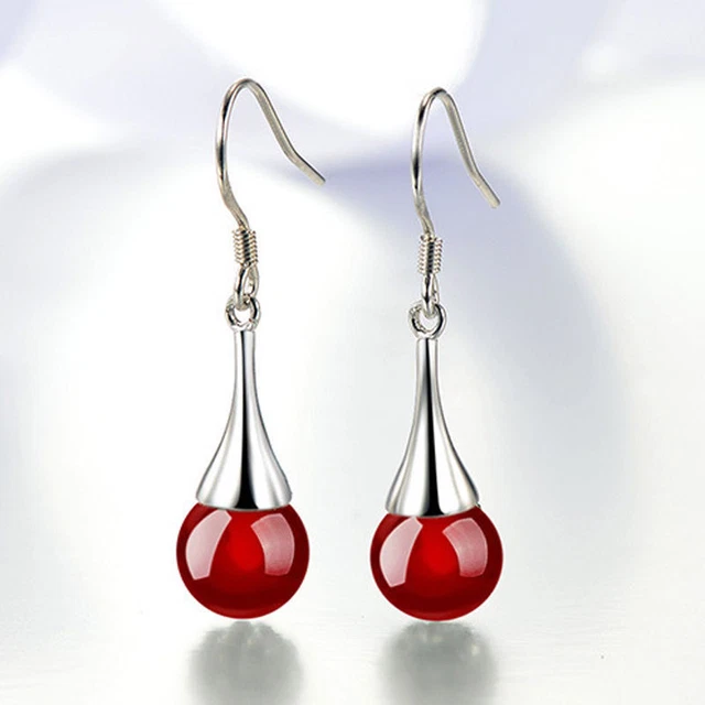 Boucles D'oreilles Pendantes Argent 925 Avec Perles D'agate - Noir Ou Rouge, Neuf Avec étiquettes