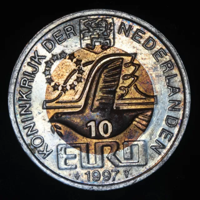 NETHERLANDS 10 EURO 1997 BU X#139 Bimetallic, Silver Ring - Lot #7491