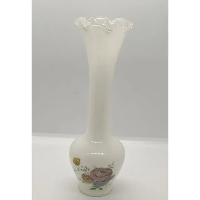 Bud Vase Milk Glass Ruffled Edge Floral Transfer 8” Pansy Flower Hand Blown